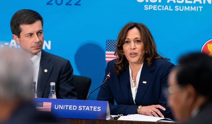 FILE - Vice President Kamala Harris, right, next to Transportation Secretary Pete Buttigieg, speaks during a plenary session of the US-ASEAN Summit, May 13, 2022, at the State Department in Washington. (AP Photo/Jacquelyn Martin, File)