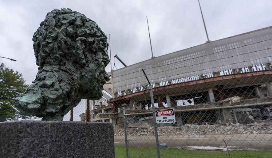 A memorial to Robert F. Kennedy is seen outside RFK Stadium -- the onetime home of the Washington Commanders football team, the Washington Senators and Washington Nationals baseball teams, and the D.C. United soccer team -- as it is being torn down, Wednesday, Sept. 17, 2025, in Washington. (AP Photo/Alex Brandon) ** FILE **