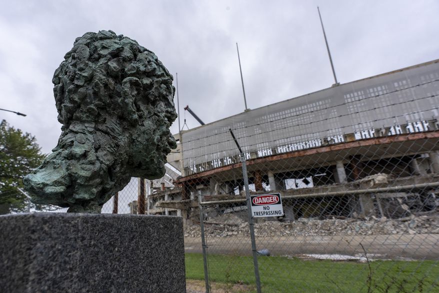 A memorial to Robert F. Kennedy is seen outside RFK Stadium -- the onetime home of the Washington Commanders football team, the Washington Senators and Washington Nationals baseball teams, and the D.C. United soccer team -- as it is being torn down, Wednesday, Sept. 17, 2025, in Washington. (AP Photo/Alex Brandon) ** FILE **