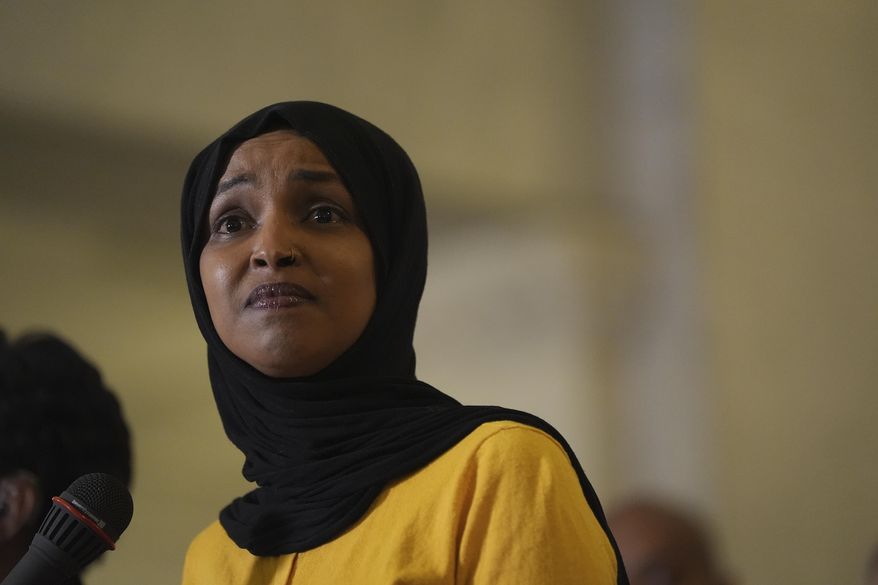 Rep. Ilhan Omar, D-Minn., speaks during a news conference in Minneapolis City Hall, Thursday, Aug. 28, 2025, in Minneapolis. (AP Photo/Abbie Parr) ** FILE **