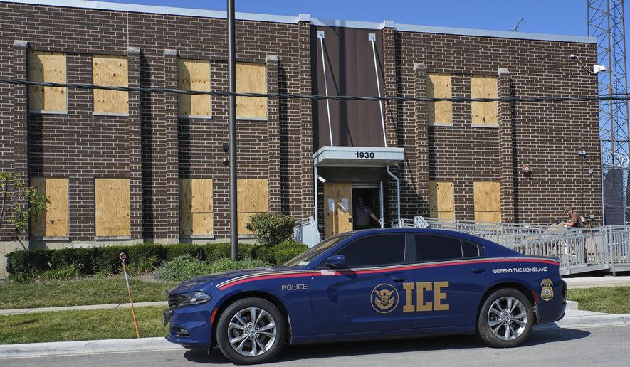 A U.S. Immigration and Customs Enforcement's (ICE) vehicle is parked in front of an ICE processing facility in the Chicago suburb of Broadview, Ill., Wednesday, Sept. 17, 2025. (AP Photo/Nam Y. Huh)