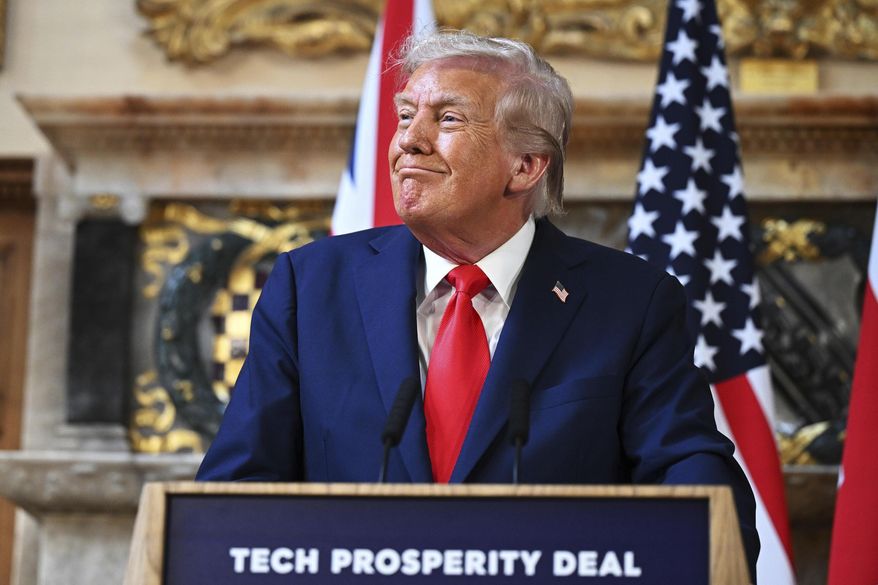 President Donald Trump attends a joint press conference with Britain's Prime Minister Keir Starmer at Chequers near Aylesbury, England, Thursday, Sept. 18, 2025. (Leon Neal, Pool via AP)