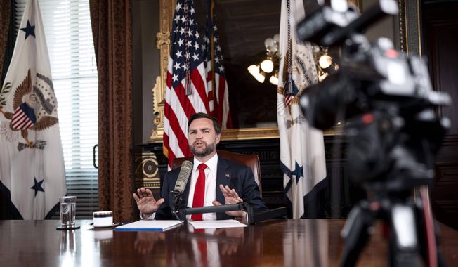 Vice President JD Vance hosts an episode of "The Charlie Kirk Show" at the White House, following the assassination of the show's namesake, Monday, Sept., 15, 2025, in Washington. (Doug Mills/The New York Times via AP, Pool)