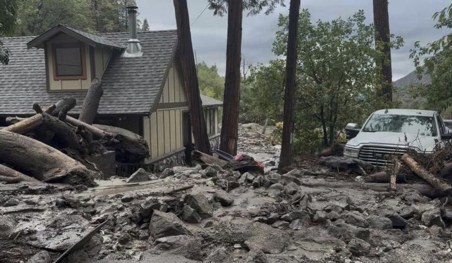 This photo provided by the San Bernardino County Fire Department shows damage caused by mudslides after storms in Forest Falls, Calif., on Thursday Sept. 18, 2025. (San Bernardino County Fire Department via AP)