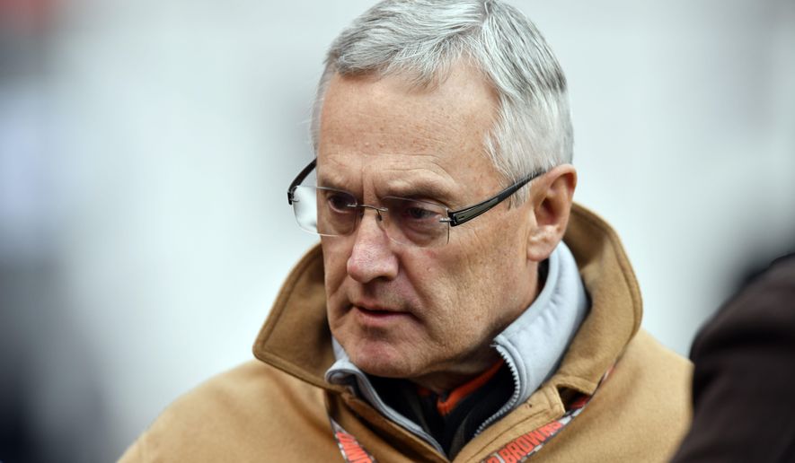 FILE - Jim Tressel, president of Youngstown State University, is shown before an NFL football game between the Green Bay Packers and the Cleveland Browns, Sunday, Dec. 10, 2017, in Cleveland. (AP Photo/David Richard, File)