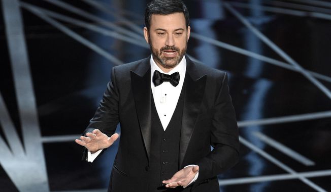 Host Jimmy Kimmel speaks at the Oscars in Los Angeles on Feb. 26, 2017. (Photo by Chris Pizzello/Invision/AP) **FILE**