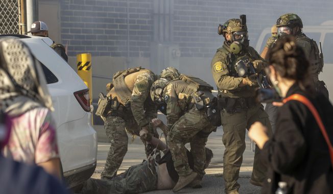Immigration and Customs Enforcement officers arrest a protester at the ICE facility in Broadview, Ill., Friday, Sept. 19, 2025. (Zubaer Khan /Chicago Sun-Times via AP)