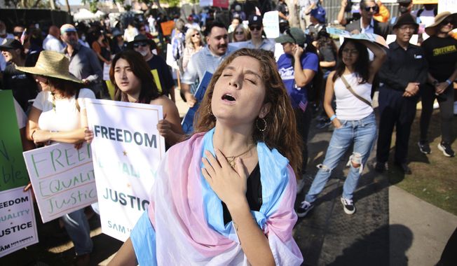 Supporters gather during an immigration rally on Saturday, Sept. 20, 2025, in Los Angeles. (AP Photo/Ethan Swope)