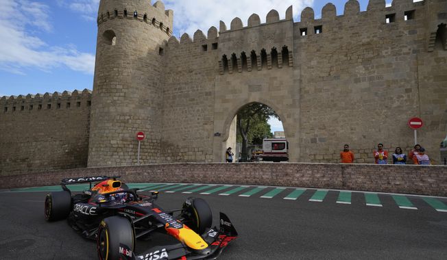 Red Bull driver Max Verstappen of the Netherlands in action during the qualifying for the Azerbaijan Formula One Grand Prix in Baku, Azerbaijan, Saturday, Sept. 20, 2025. (AP Photo/Darko Bandic)