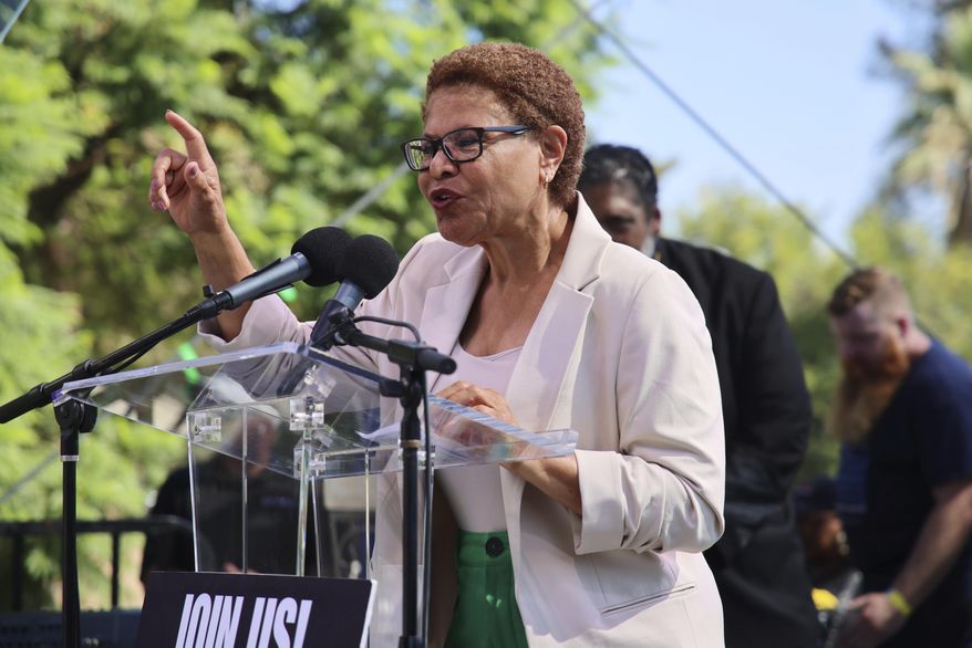 Mayor Karen Bass speaks during an immigration rally on Saturday, Sept. 20, 2025, in Los Angeles. (AP Photo/Ethan Swope)
