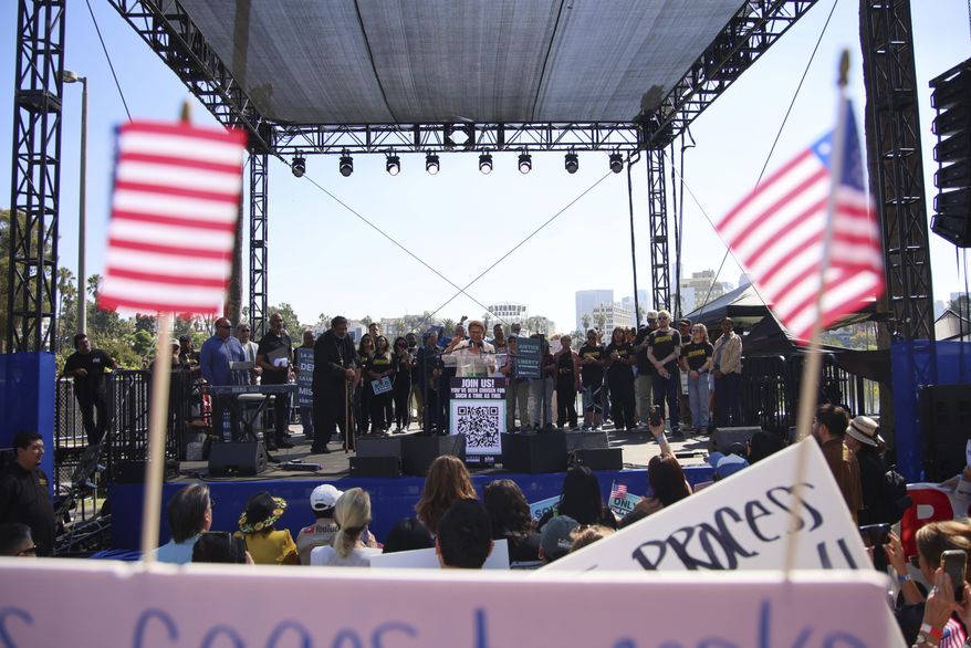 Mayor Karen Bass speaks during an immigration rally on Saturday, Sept. 20, 2025, in Los Angeles. (AP Photo/Ethan Swope)