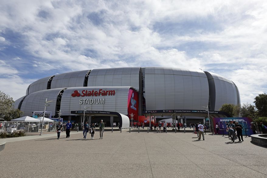 The exterior of State Farm Stadium is seen before the NFL Super Bowl 57 football game in Glendale, Ariz., on Sunday, Feb. 12, 2023. (AP Photo/Adam Hunger, File)