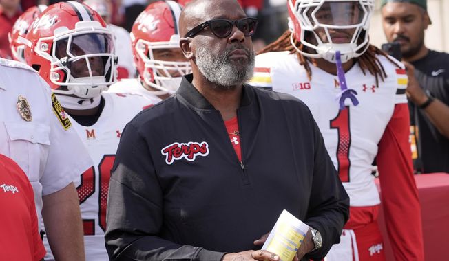 Maryland head coach Michael Locksley takes the field before an NCAA college football game against Wisconsin Saturday, Sept. 20, 2025, in Madison, Wis. (AP Photo/Morry Gash)