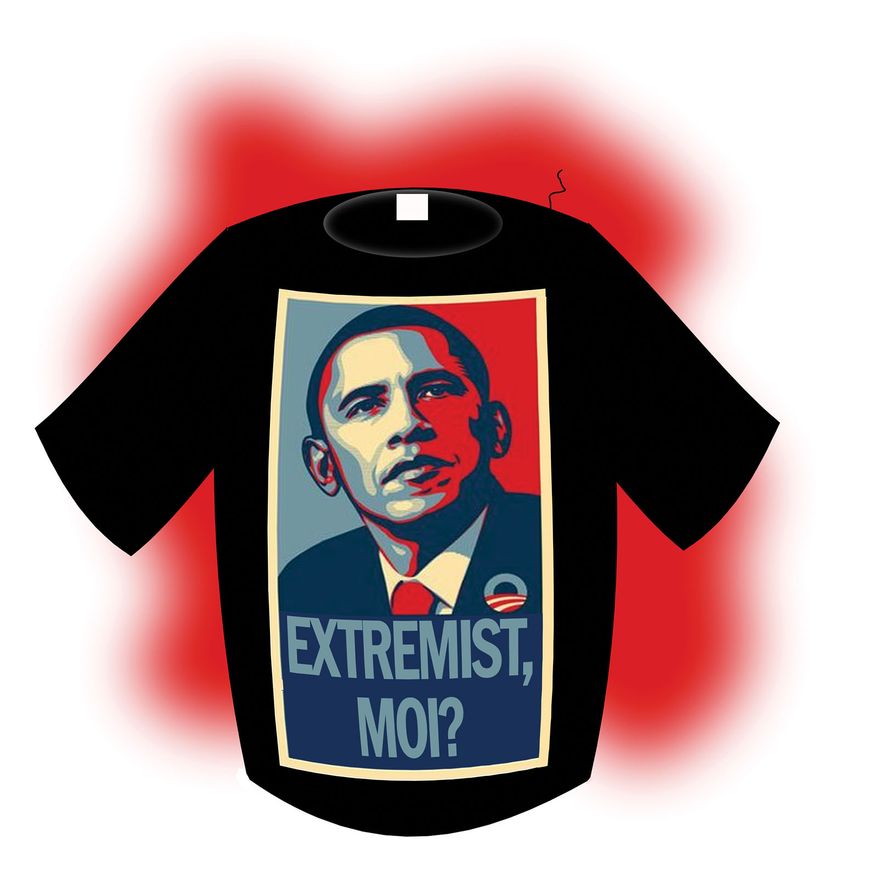 Obama's 'no extremism' illustration by Alexander Hunter/The Washington Times