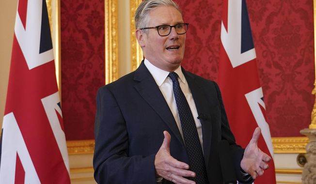 Britain's Prime Minister Keir Starmer speaks as he hosts representatives of the Civil Nuclear industry at a reception at Lancaster House in London, Monday, Sept. 15, 2025, to mark the announcement of a new UK-US partnership on nuclear.(AP Photo/Alberto Pezzali, Pool, File)