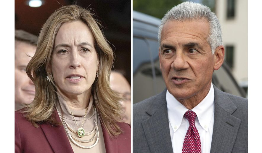 This combination photo shows Rep. Mikie Sherrill, D-N.J., on Capitol Hill, Feb. 13, 2024, in Washington, left, and Republican candidate for Governor Jack Ciattarelli, Sept. 4, 2025, in Garfield, N.J. (AP Photo)