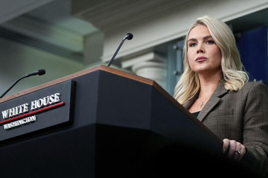 White House press secretary Karoline Leavitt speaks with reporters in the James Brady Press Briefing Room at the White House, Monday, Sept. 22, 2025, in Washington. (AP Photo/Julia Demaree Nikhinson)