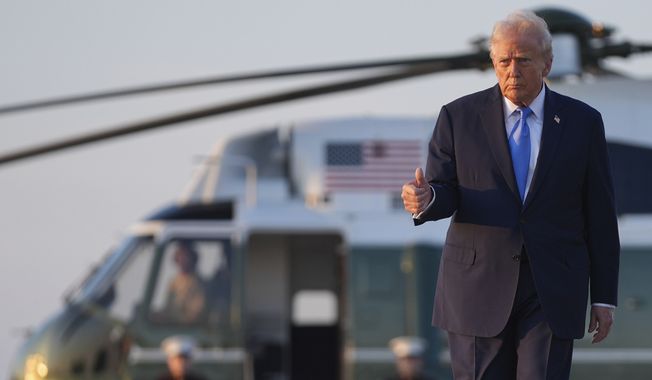 President Donald Trump walks from Marine One to board Air Force One at Joint Base Andrews, Monday, Sept. 22, 2025, at Joint Base Andrews, Md. (AP Photo/Evan Vucci)