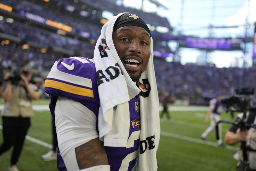 Minnesota Vikings' Isaiah Rodgers leaves the field following an NFL football game against the Cincinnati Bengals, Sunday, Sept. 21, 2025, in Minneapolis. (AP Photo/Mike Stewart)