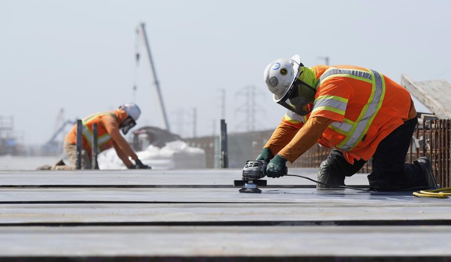 FILE - Ironworkers with the California High-Speed Rail Authority work on the Hanford Viaduct, April 15, 2025, in Kings County, Calif. (AP Photo/Godofredo A. Vásquez, File)