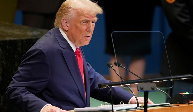 President Donald Trump addresses the 80th session of the United Nations General Assembly, Tuesday, Sept. 23, 2025, at U.N. headquarters. (AP Photo/Angelina Katsanis)