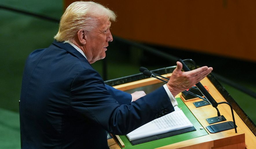 President Donald Trump addresses the 80th session of the United Nations General Assembly, Tuesday, Sept. 23, 2025, at U.N. headquarters. (AP Photo/Angelina Katsanis)