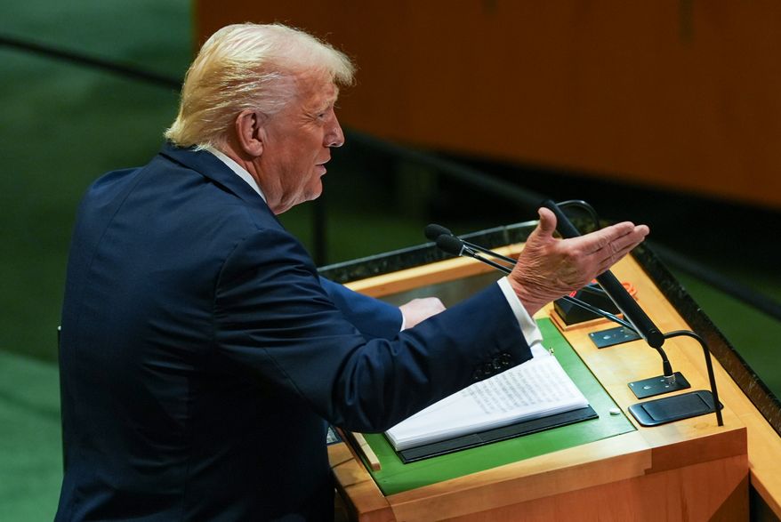 President Donald Trump addresses the 80th session of the United Nations General Assembly, Tuesday, Sept. 23, 2025, at U.N. headquarters. (AP Photo/Angelina Katsanis)