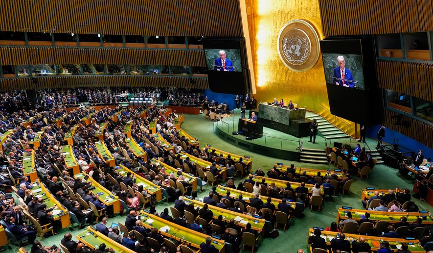 President Donald Trump address the 80th session of the United Nations General Assembly, Tuesday, Sept. 23, 2025, at U.N. headquarters. (AP Photo/Yuki Iwamura)