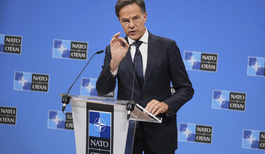 NATO Secretary General Mark Rutte speaks during a media conference at NATO headquarters in Brussels, Tuesday, Sept. 23, 2025. (AP Photo/Virginia Mayo)