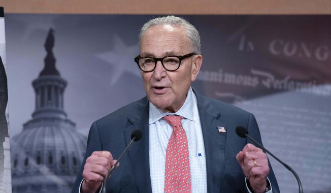 Senate Minority Leader Chuck Schumer, D-N.Y., speaks during a news conference on Capitol Hill in Washington, Friday, Sept. 19, 2025. (AP Photo/Jose Luis Magana) ** FILE **