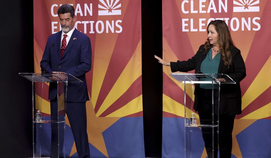 FILE - Congressional District 7 special election candidates Republican Daniel Butierez, left, and Democrat Adelita Grijalva participate during a televised debate, Tuesday, Aug. 26, 2025, in Tucson, Ariz. (Kelly Presnell/Arizona Daily Star via AP, File)