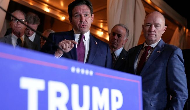 FILE - Florida Gov. Ron DeSantis speaks at a meeting with Republican governors and President-elect Donald Trump, at Mar-a-Lago, in Palm Beach, Fla., Jan. 9, 2025. (AP Photo/Evan Vucci, File)