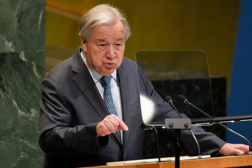 Secretary General Antonio Guterres addresses the 80th session of the United Nations General Assembly, Tuesday, Sept. 23, 2025, at UN headquarters. (AP Photo/Angelina Katsanis)