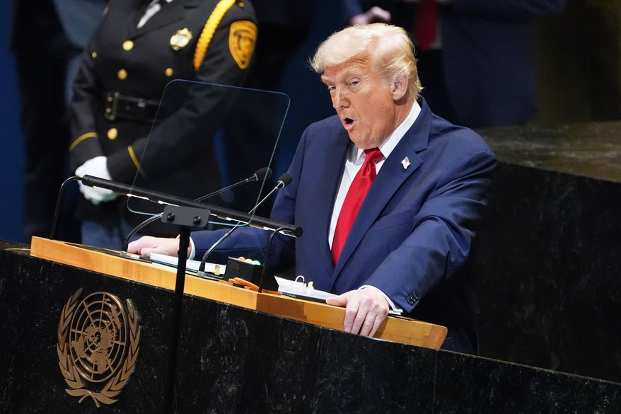 President Donald Trump speaks to the United Nations General Assembly, Tuesday, Sept. 23, 2025, in New York. (AP Photo/Evan Vucci)