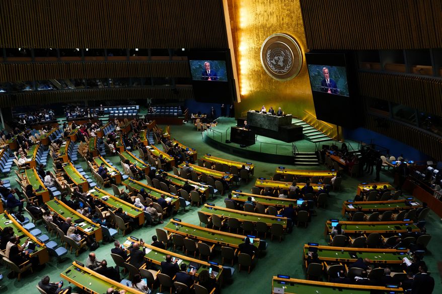 Canada's Prime Minister Mark Carney delivers a speech as he takes part in a high-level international conference for the peaceful settlement of Palestinians and the implementation of the two-state solution during the United Nations General Assembly at U.N. headquarters, Monday, Sept. 22, 2025. (Sean Kilpatrick/The Canadian Press via AP)
