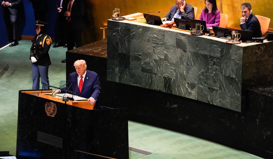 President Donald Trump addresses the 80th session of the United Nations General Assembly, Tuesday, Sept. 23, 2025, at U.N. headquarters. (AP Photo/Yuki Iwamura)