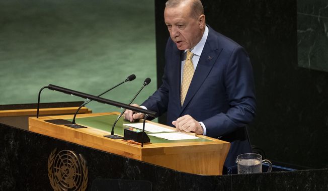 Turkey's President Recep Tayyip Erdogan speaks during a high-profile meeting at the United Nations aimed at galvanizing support for a two-state solution to the Israeli-Palestinian conflict, Monday, Sept. 22, 2025, at U.N. headquarters. (AP Photo/Yuki Iwamura)