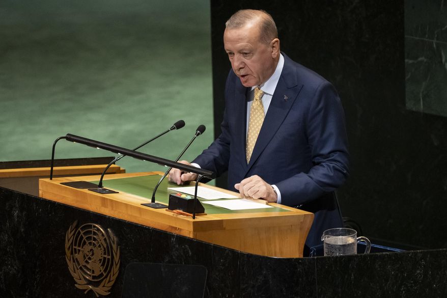 Turkey's President Recep Tayyip Erdogan speaks during a high-profile meeting at the United Nations aimed at galvanizing support for a two-state solution to the Israeli-Palestinian conflict, Monday, Sept. 22, 2025, at U.N. headquarters. (AP Photo/Yuki Iwamura)