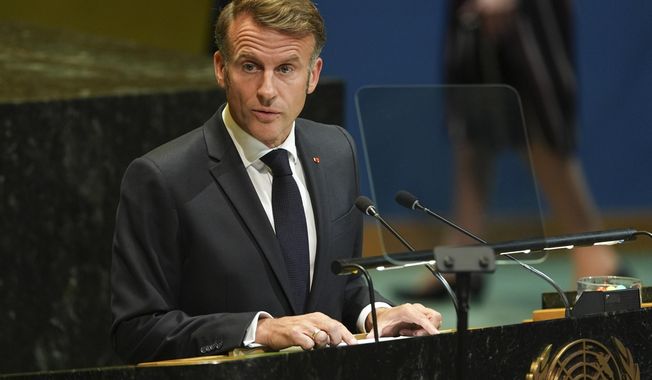 French President Emmanuel Macron speaks during a high-profile meeting at the United Nations aimed at galvanizing support for a two-state solution to the Israeli-Palestinian conflict Monday, Sept. 22, 2025, at UN headquarters. (AP Photo/Angelina Katsanis)