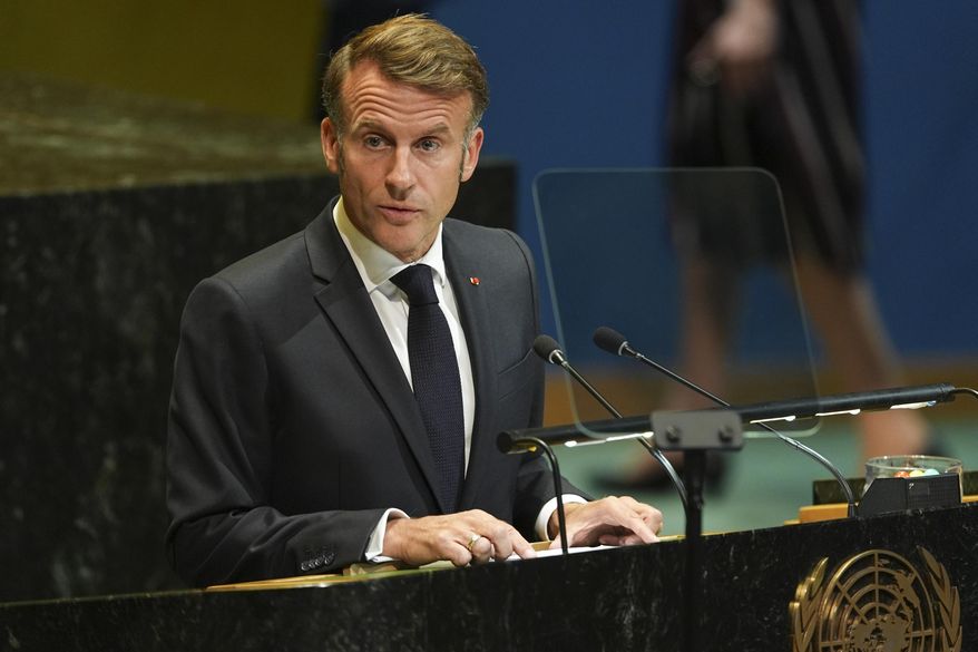 French President Emmanuel Macron speaks during a high-profile meeting at the United Nations aimed at galvanizing support for a two-state solution to the Israeli-Palestinian conflict Monday, Sept. 22, 2025, at UN headquarters. (AP Photo/Angelina Katsanis)