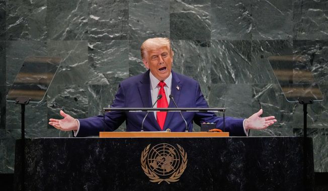 U.S. President Donald Trump addresses the 80th session of the United Nations General Assembly, Tuesday, Sept. 23, 2025. (AP Photo/Richard Drew)
