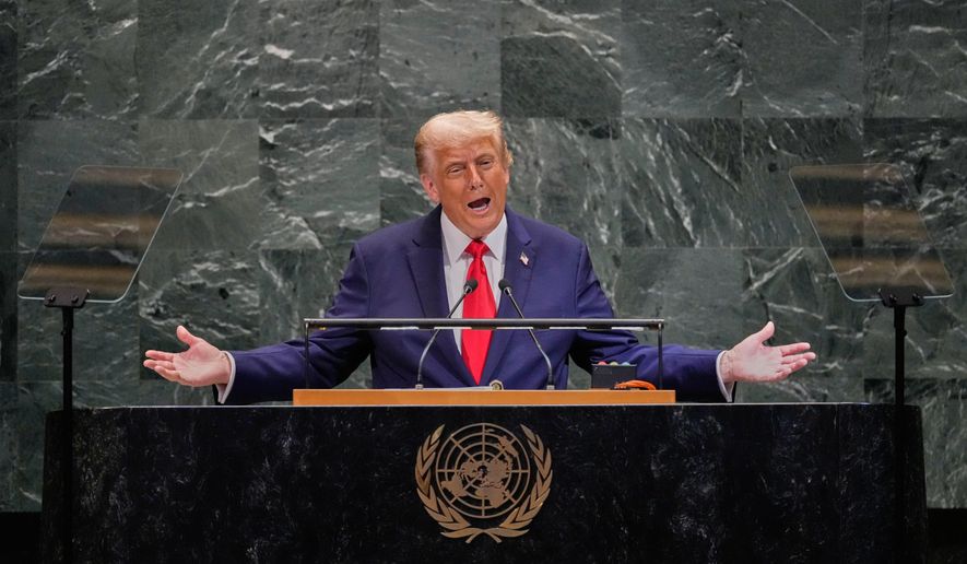 U.S. President Donald Trump addresses the 80th session of the United Nations General Assembly, Tuesday, Sept. 23, 2025. (AP Photo/Richard Drew)