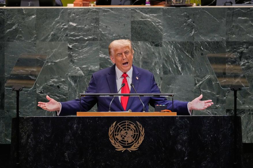 U.S. President Donald Trump addresses the 80th session of the United Nations General Assembly, Tuesday, Sept. 23, 2025. (AP Photo/Richard Drew)