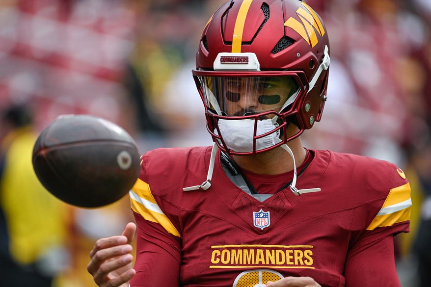 Washington Commanders backup quarterback Marcus Mariota (8) started his first NFL game since 2023 in place of the injured Jayden Daniels against the Las Vegas Raiders at Northwest Stadium in Landover, Maryland, September 21, 2025. (Photo by Brian Murphy for the Washington Times)