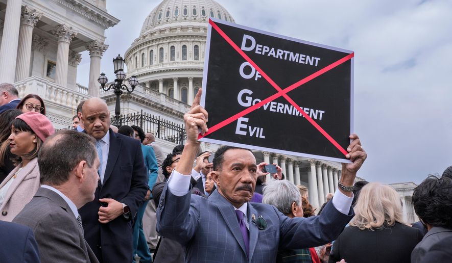 FILE - Rep. Kweisi Mfume, D-Md., protests against DOGE, the Department of Government Efficiency, as he and other House Democrats speak out against the Republican budget plan, on the House steps at the Capitol in Washington, Feb. 25, 2025. (AP Photo/J. Scott Applewhite, File)
