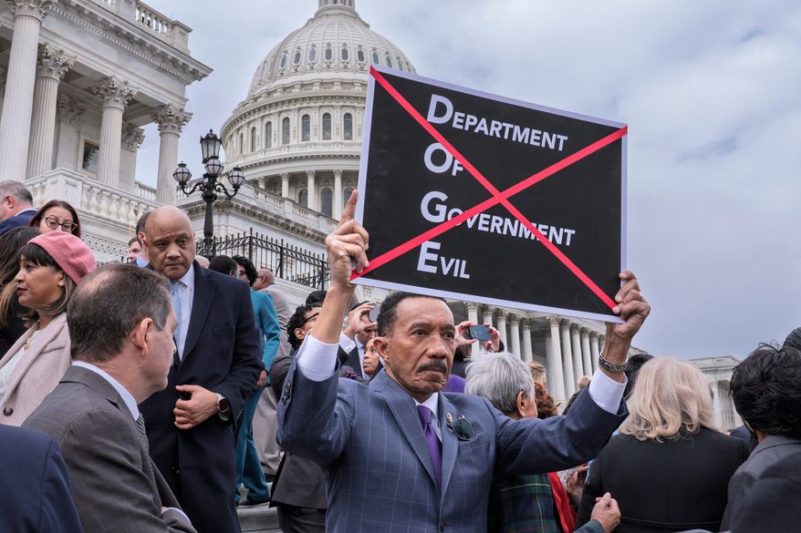 FILE - Rep. Kweisi Mfume, D-Md., protests against DOGE, the Department of Government Efficiency, as he and other House Democrats speak out against the Republican budget plan, on the House steps at the Capitol in Washington, Feb. 25, 2025. (AP Photo/J. Scott Applewhite, File)