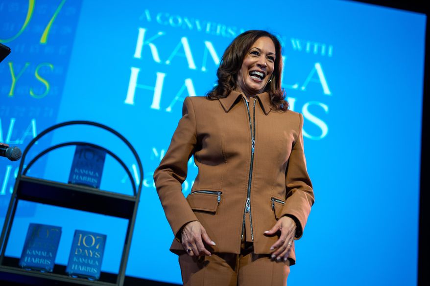 Former Vice President Kamala Harris exits the stage after the first stop of her book tour for her new book about her presidential campaign, "107 Days," at Town Hall in New York, Wednesday, Sept. 24, 2025. (AP Photo/Angelina Katsanis) ** FILE **
