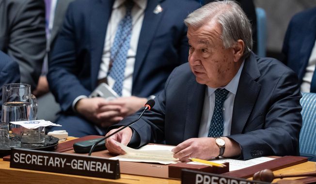 United Nations Secretary-General Antonio Guterres speaks during a Security Council meeting at the United Nations headquarters, Tuesday, Sept. 23, 2025, at U.N. headquarters. (AP Photo/Yuki Iwamura)