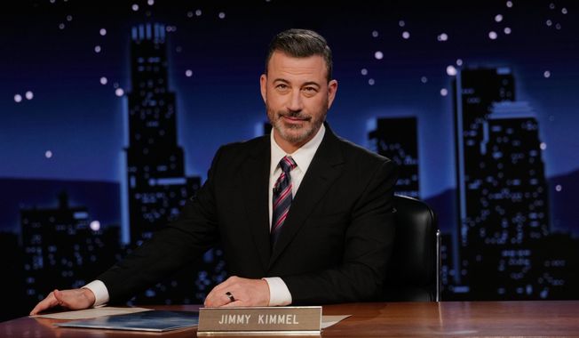 This image released by Disney shows Jimmy Kimmel hosting his late night show "Jimmy Kimmel Live!" in Los Angeles on Tuesday, Sept. 23, 2025. (Randy Holmes/Disney via AP)
