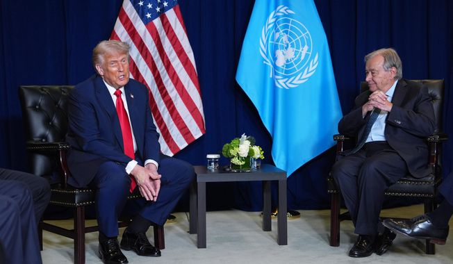President Donald Trump meets with United Nations Secretary-General António Guterres during the United Nations General Assembly, Tuesday, Sept. 23, 2025, in New York. (AP Photo/Evan Vucci)